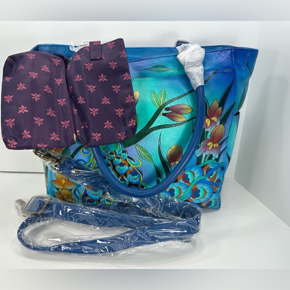 NEW - Anuschka Hand Painted Large Multi Compartment Tote Bag - Blue Peac… - Picture 5 of 11